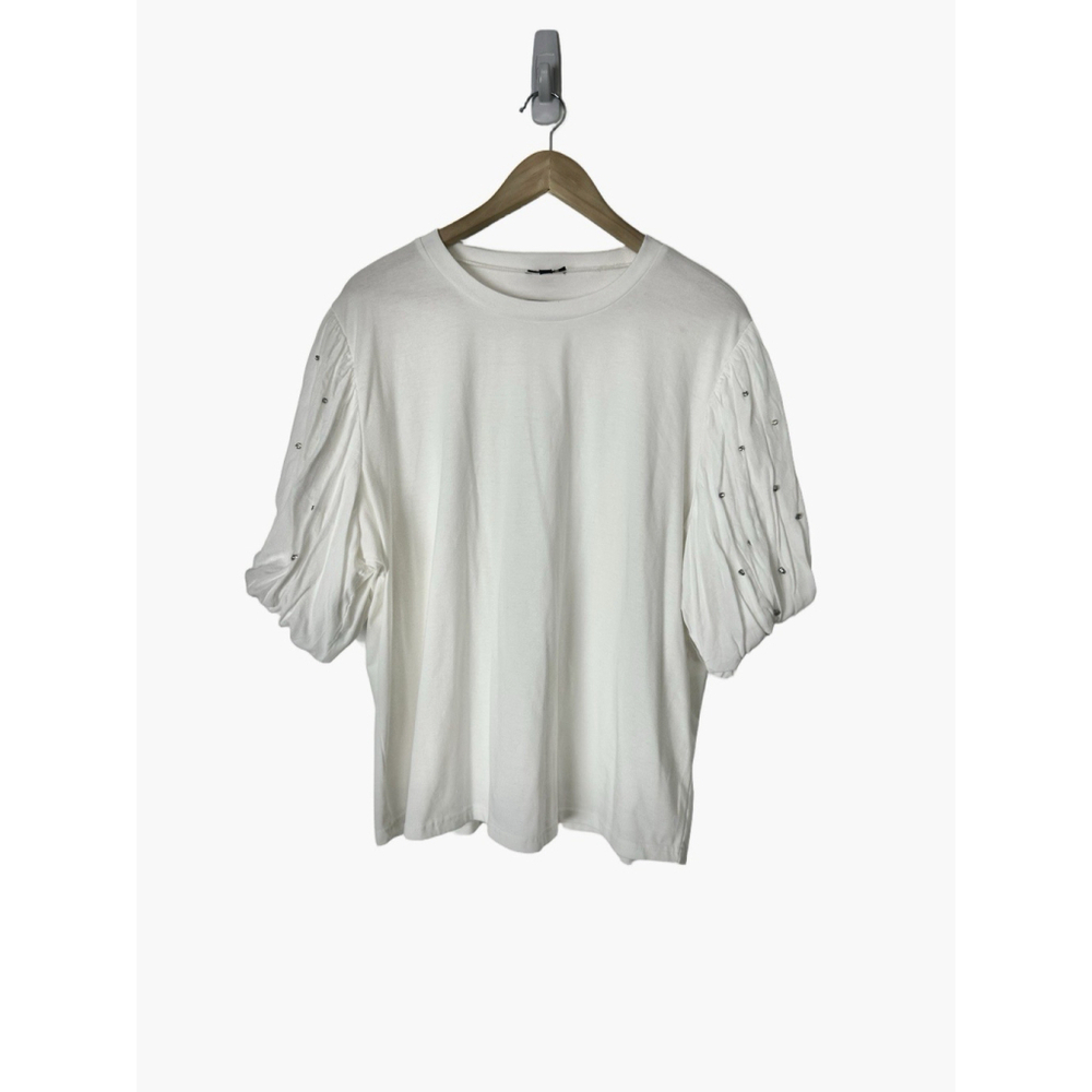 On Twelfth Puff Sleeve Top with Rhinestone Accents Plus 3X White Stretch Preppy